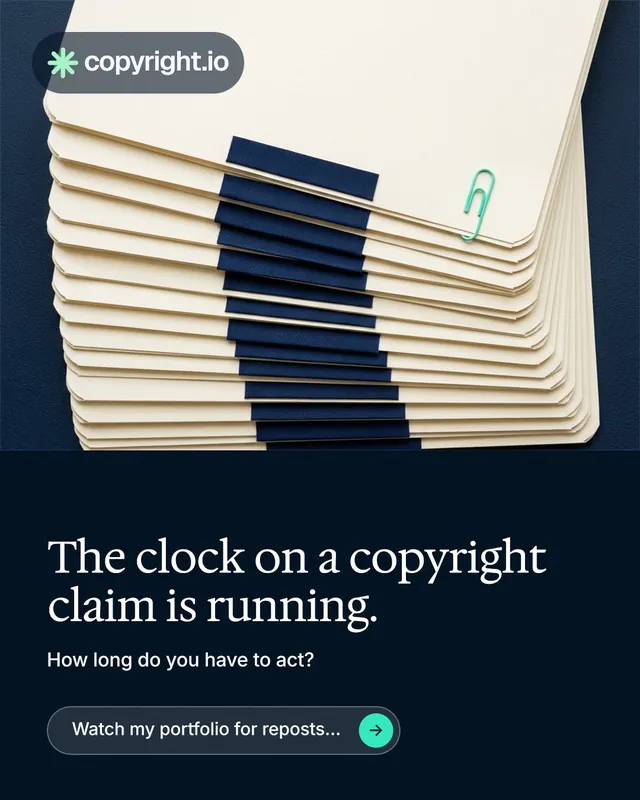 Instagram portrait post for copyright.io: "The clock on a copyright claim is running." Agentic glass style, bottom layout, dark palette in yellow, black, blue.
