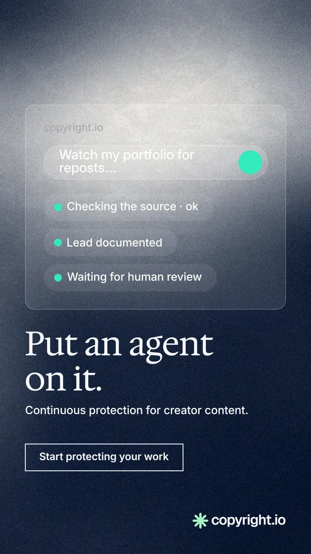 Instagram story for copyright.io: "Put an agent on it." Cyanotype style, bottom layout, dark palette in grey, blue.