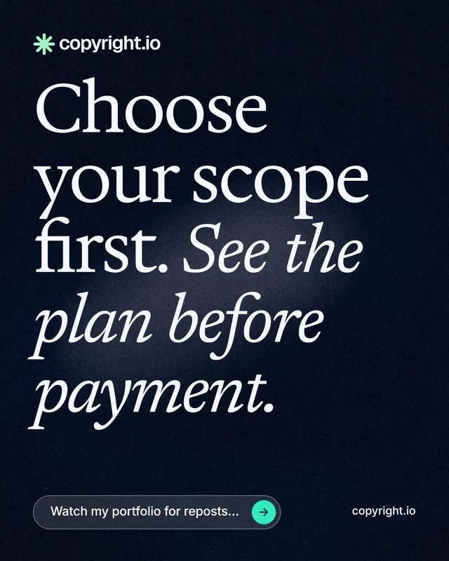 Instagram portrait post for copyright.io: "Choose your scope first. See the plan before payment." Thermal style, poster layout, dark palette in black, grey.
