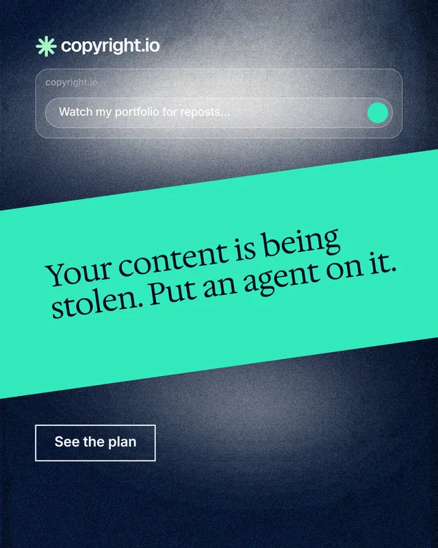 Instagram portrait post for copyright.io: "Your content is being stolen. Put an agent on it." Cyanotype style, diagonal layout, light palette in teal, blue, grey.