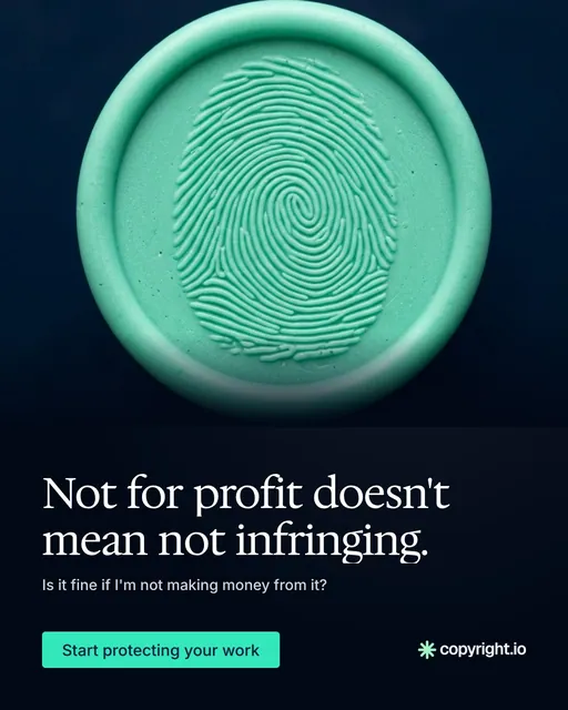 Video for copyright.io: "Not for profit doesn't mean not infringing.". Doc motion loop, 8.0 s, dark palette.