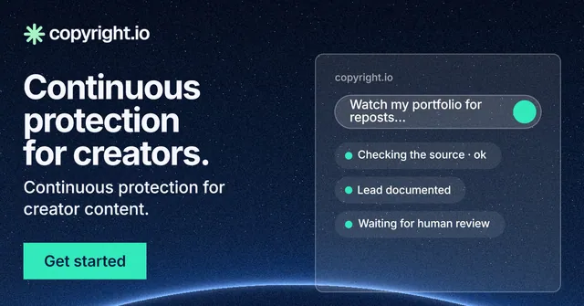 Social ad for copyright.io: "Continuous protection for creators." Swiss style, bottom layout, dark palette in black, blue, teal.