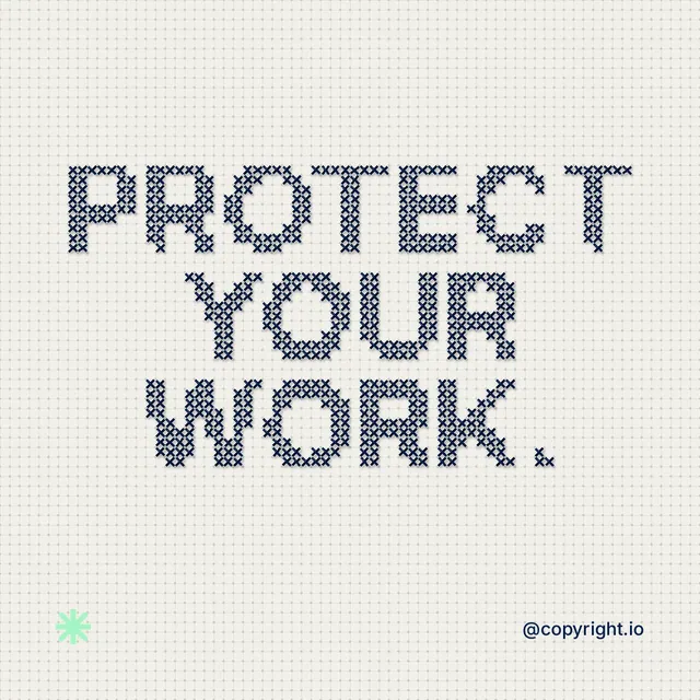 Instagram post for copyright.io: "Protect your work." Stitch style, technique:raster type fx layout, light palette in white, grey.