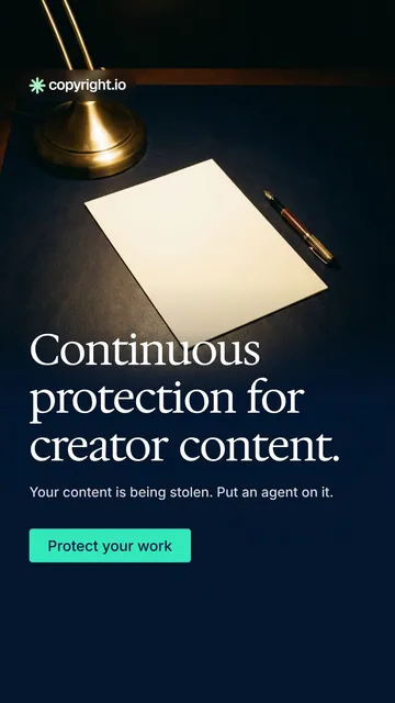 Video for copyright.io: "Continuous protection for creator content.". Doc motion loop, 6.0 s, dark palette.