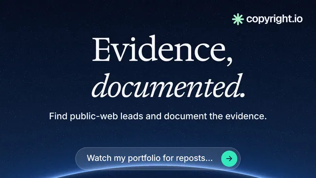 Landscape graphic for copyright.io: "Evidence, documented." Agentic glass style, centred layout, dark palette in blue, black.