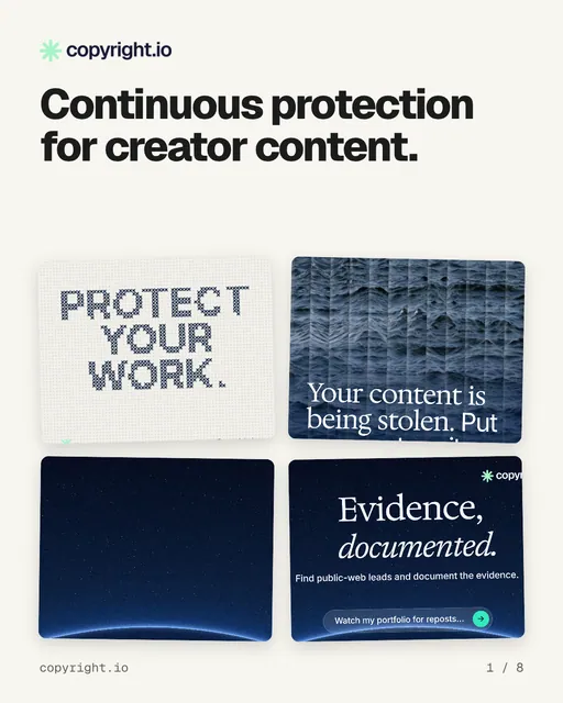 Carousel for copyright.io: "Continuous protection for creator content.". Collection carousel, 8 slides, light palette.