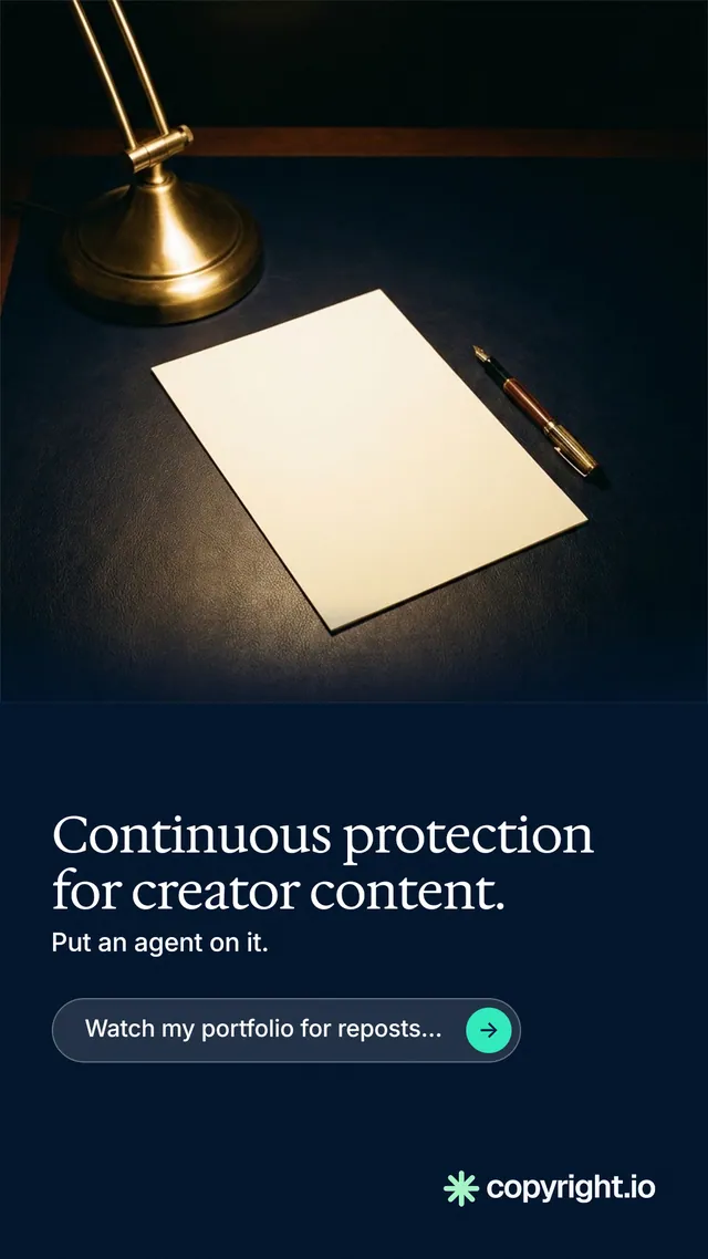 Instagram story for copyright.io: "Continuous protection for creator content." Agentic glass style, bottom layout, dark palette in black, grey.