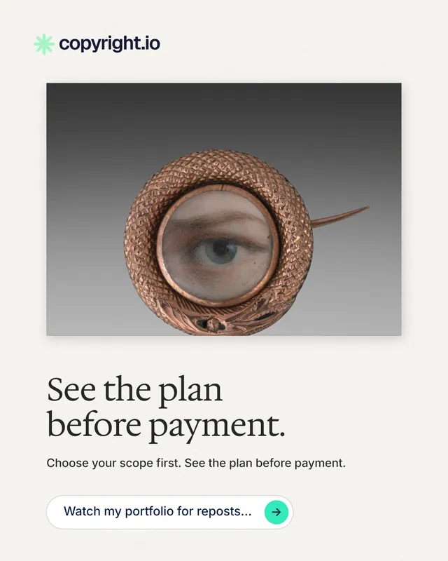Instagram portrait post for copyright.io: "See the plan before payment." Agentic glass style, bottom layout, light palette in white, grey.