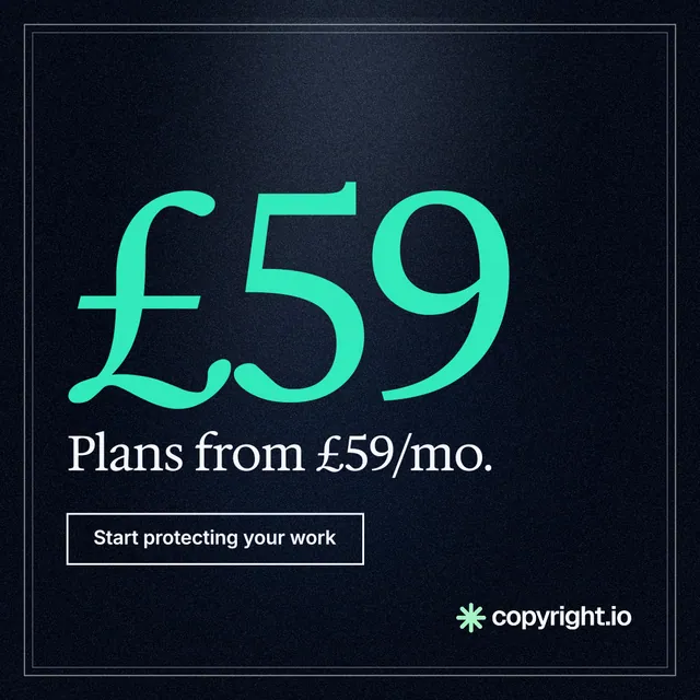 Instagram post for copyright.io: "Your content is being stolen. Put an agent on it." Dark deco style, stat layout, dark palette in black, blue, teal.