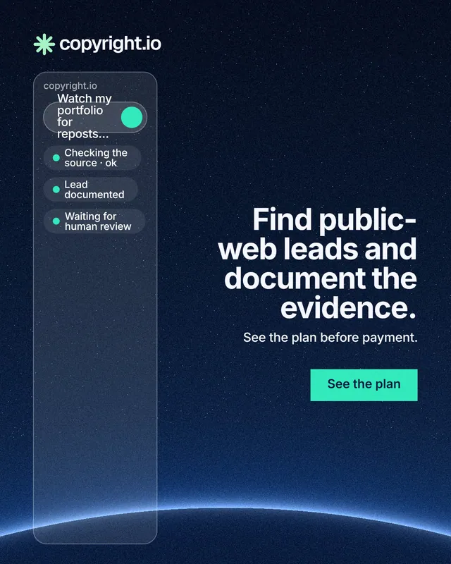 Instagram portrait post for copyright.io: "Find public-web leads and document the evidence." Swiss style, right layout, dark palette in blue, black.