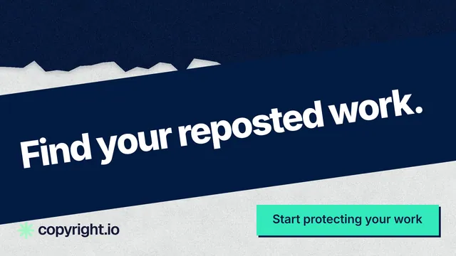 Landscape graphic for copyright.io: "Find your reposted work." Paper trio style, diagonal layout, dark palette in blue, teal, grey.