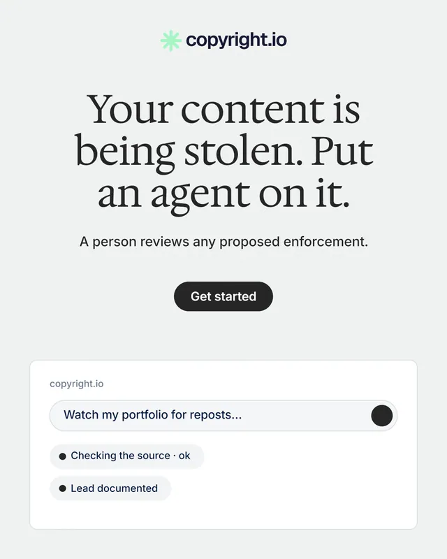 Instagram portrait post for copyright.io: "Your content is being stolen. Put an agent on it." Data card style, centred layout, light palette in white.