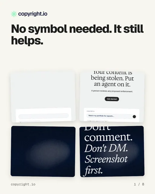 Carousel for copyright.io: "No symbol needed. It still helps.". Collection carousel, 8 slides, light palette.