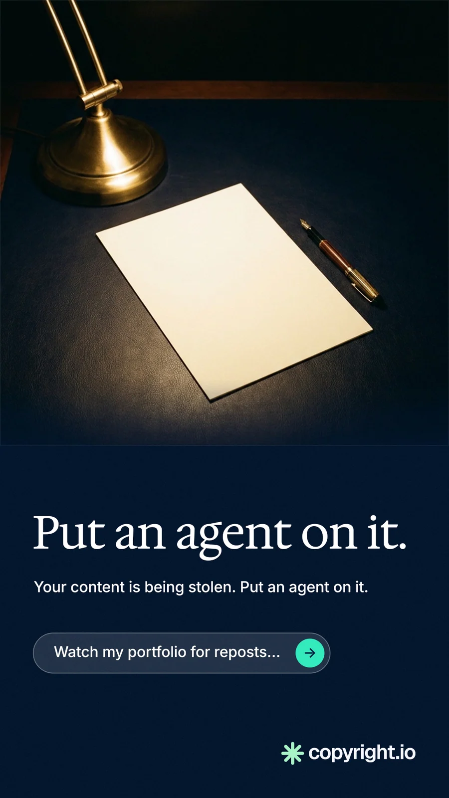 Instagram story for copyright.io: "Put an agent on it." Agentic glass style, bottom layout, dark palette in black, grey.