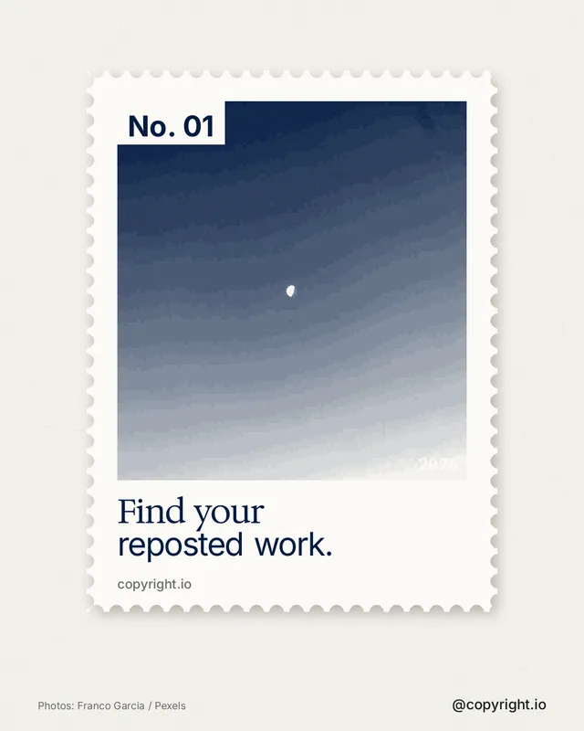 Instagram portrait post for copyright.io: "Find your reposted work." Single style, technique:stamp series layout, light palette in white, blue.