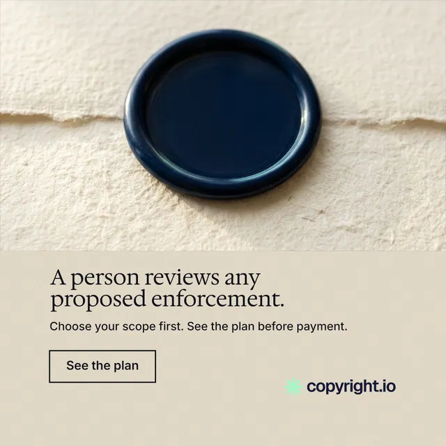 Instagram post for copyright.io: "A person reviews any proposed enforcement." Editorial style, bottom layout, light palette in orange, yellow, grey.