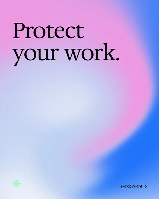 Instagram portrait post for copyright.io: "Protect your work." Auto 4x5 style, technique:shader field layout, light palette in purple, blue.