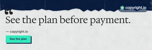 X header for copyright.io: "See the plan before payment." Paper trio style, quote layout, light palette in white, blue.