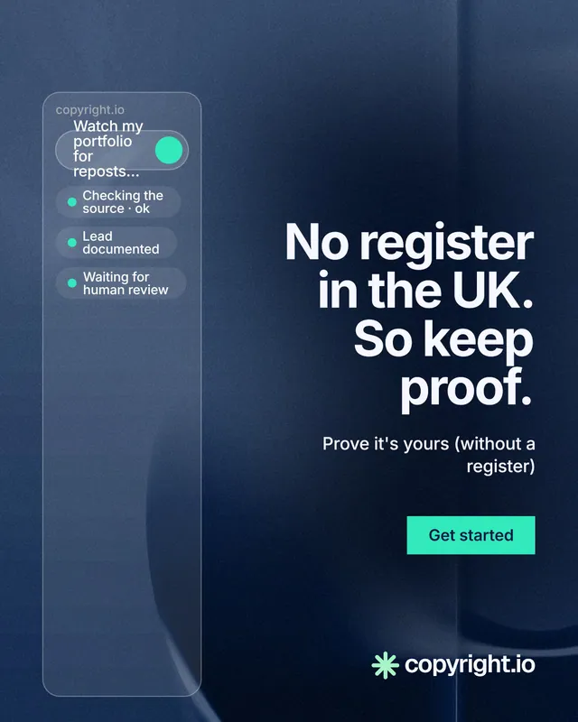 Instagram portrait post for copyright.io: "No register in the UK. So keep proof." Swiss style, right layout, dark palette in black, blue, grey.