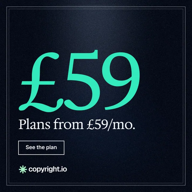 Instagram post for copyright.io: "Your content is being stolen. Put an agent on it." Dark deco style, stat layout, dark palette in black, teal.