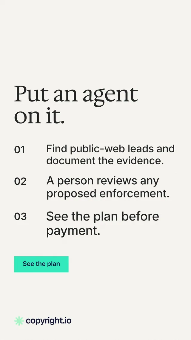 Instagram story for copyright.io: "Put an agent on it." Swiss style, numbered layout, light palette in white, grey.