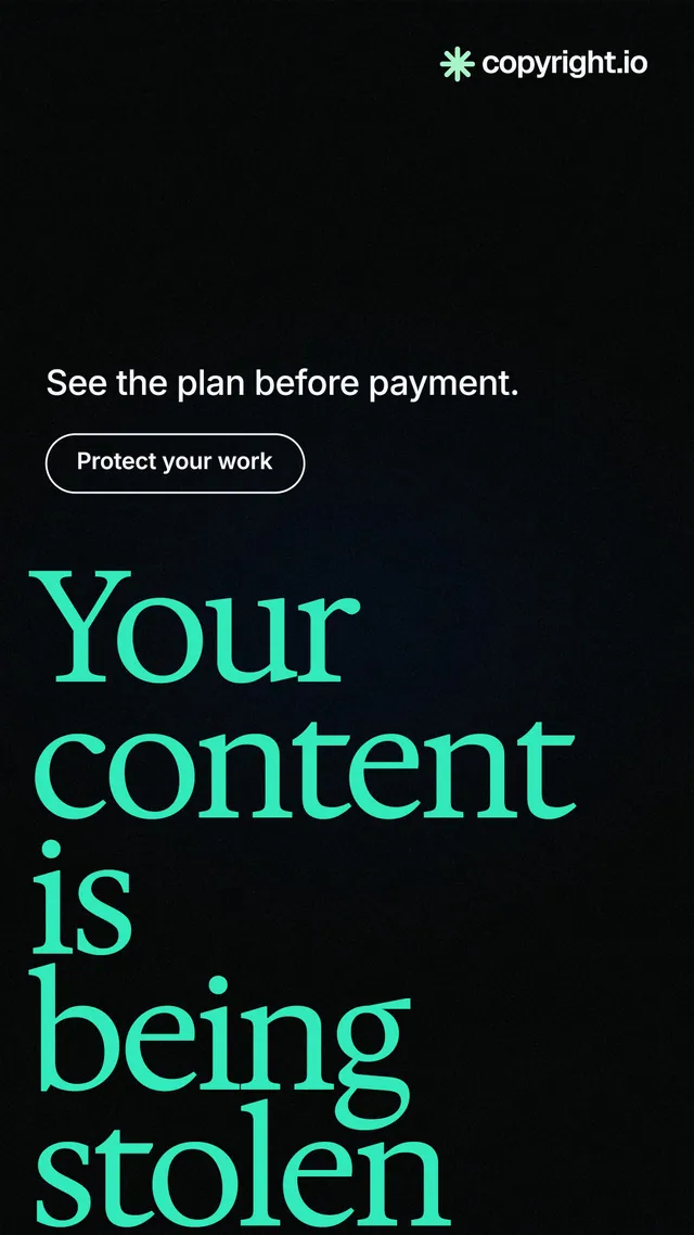 Instagram story for copyright.io: "Your content is being stolen." Phosphor atlas style, oversized layout, dark palette in black, teal.