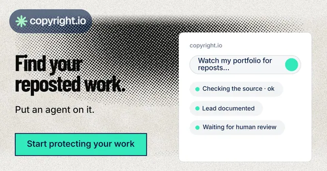 Social ad for copyright.io: "Find your reposted work." Ink sticker style, bottom layout, light palette in green, grey, white.