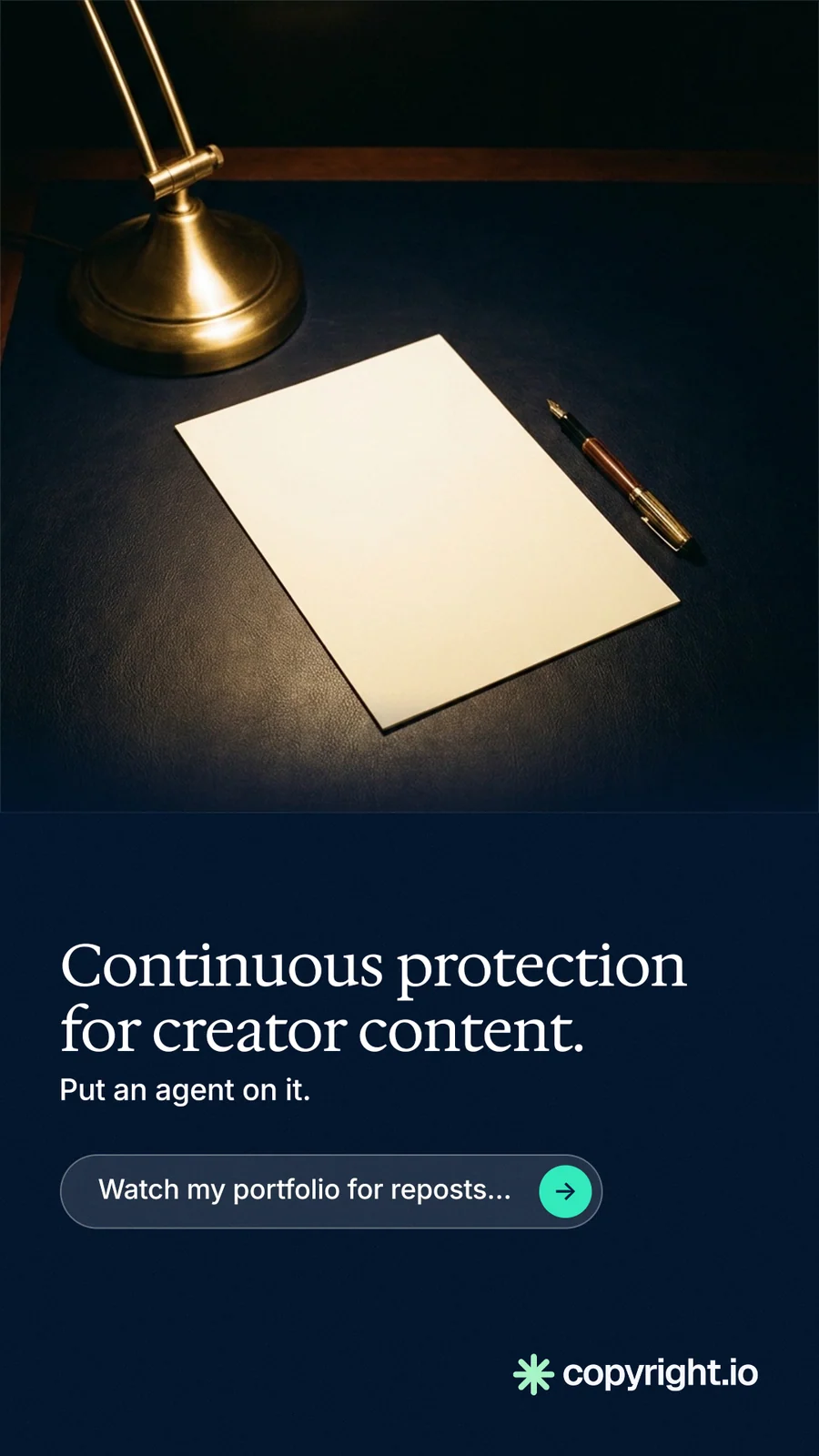 Instagram story for copyright.io: "Continuous protection for creator content." Agentic glass style, bottom layout, dark palette in black, grey.