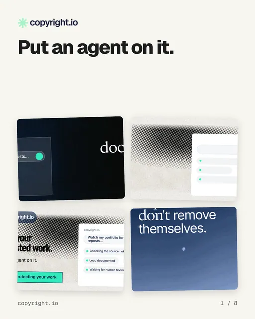 Carousel for copyright.io: "Put an agent on it.". Collection carousel, 8 slides, light palette.