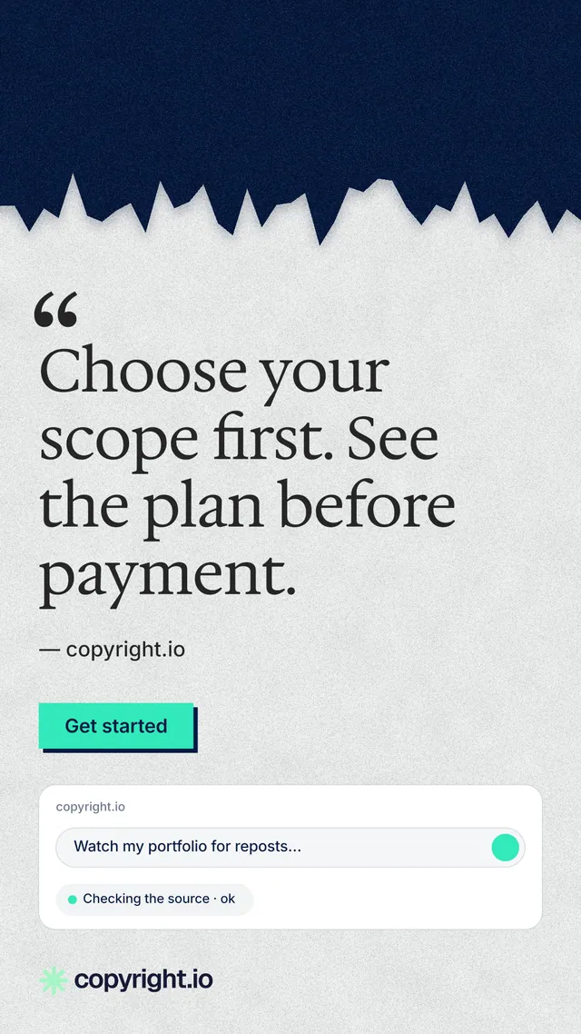 Instagram story for copyright.io: "Choose your scope first. See the plan before payment." Paper trio style, quote layout, light palette in white, blue, grey.