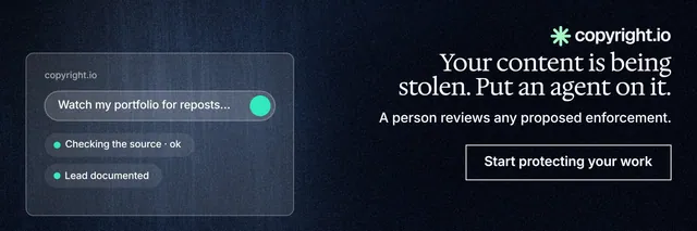 X header for copyright.io: "Your content is being stolen. Put an agent on it." Dark deco style, right layout, dark palette in blue, grey, black.