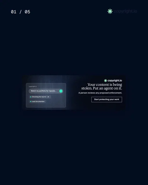 Video for copyright.io. Ad flipbook, 7.5 s, dark palette.