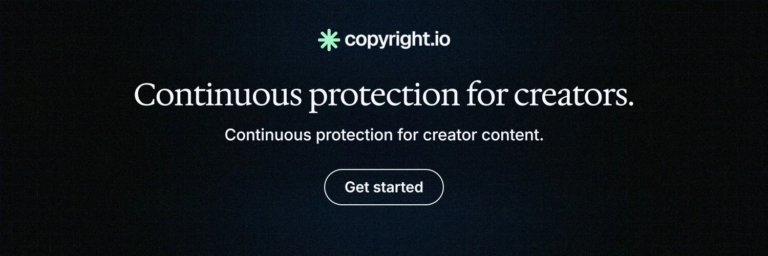 X header for copyright.io: "Continuous protection for creators." Phosphor atlas style, centred layout, dark palette in black, blue.