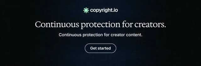 X header for copyright.io: "Continuous protection for creators." Phosphor atlas style, centred layout, dark palette in black, blue.