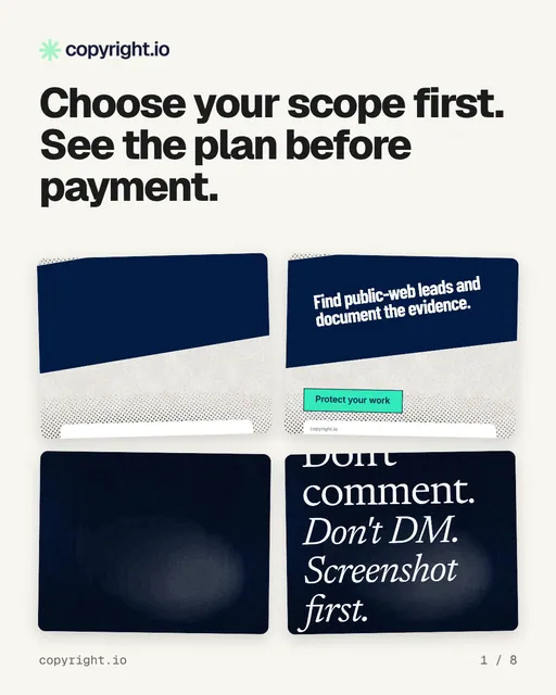 Carousel for copyright.io: "Choose your scope first. See the plan before payment.". Collection carousel, 8 slides, light palette.