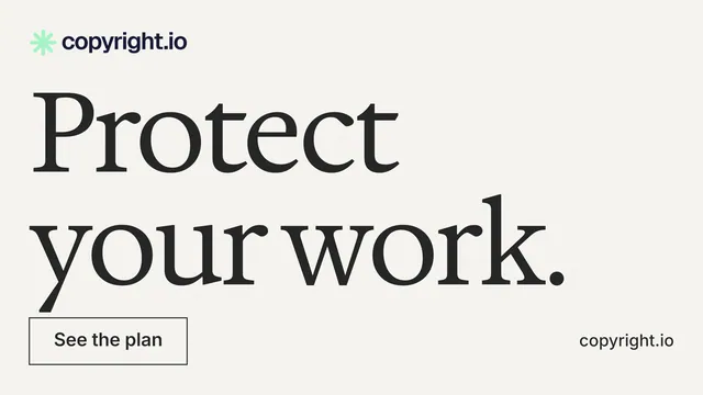 Landscape graphic for copyright.io: "Protect your work." Editorial style, poster layout, light palette in white, grey, green.