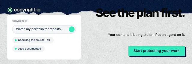 X header for copyright.io: "See the plan first." Paper trio style, right layout, light palette in teal, blue, white.