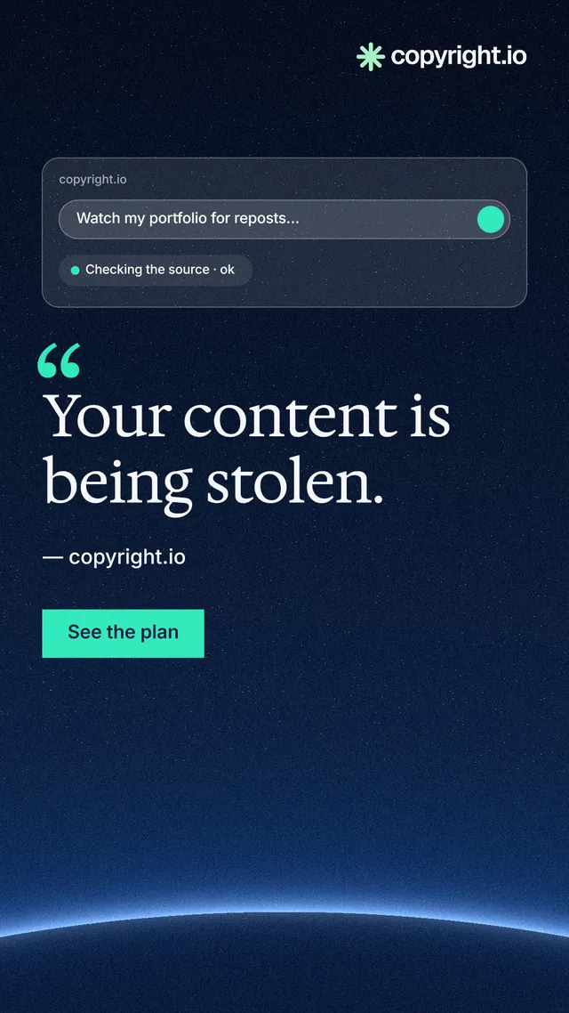 Instagram story for copyright.io: "Your content is being stolen." Swiss style, quote layout, dark palette in blue, black.