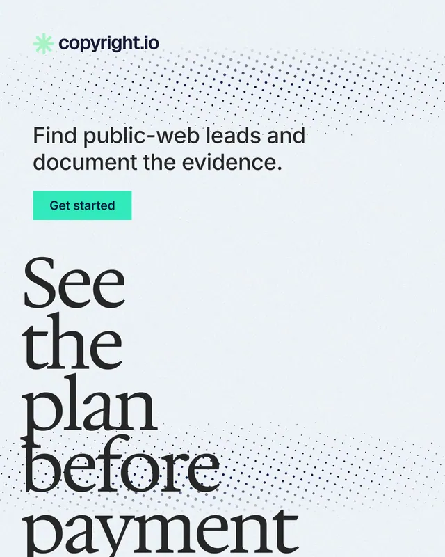 Instagram portrait post for copyright.io: "See the plan before payment." Swiss style, oversized layout, light palette in white, grey.