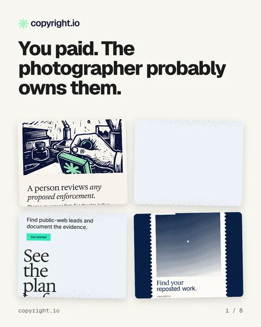 Carousel for copyright.io: "You paid. The photographer probably owns them.". Collection carousel, 8 slides, light palette.