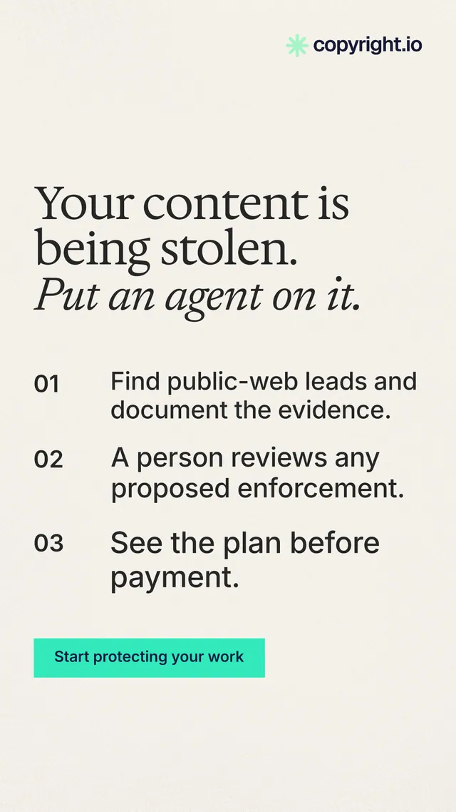 Instagram story for copyright.io: "Your content is being stolen. Put an agent on it." Swiss style, numbered layout, light palette in white, grey, green.