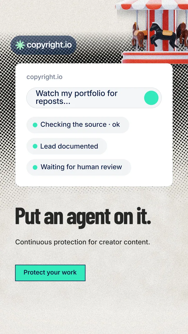Instagram story for copyright.io: "Put an agent on it." Ink sticker style, bottom layout, light palette in white, grey.
