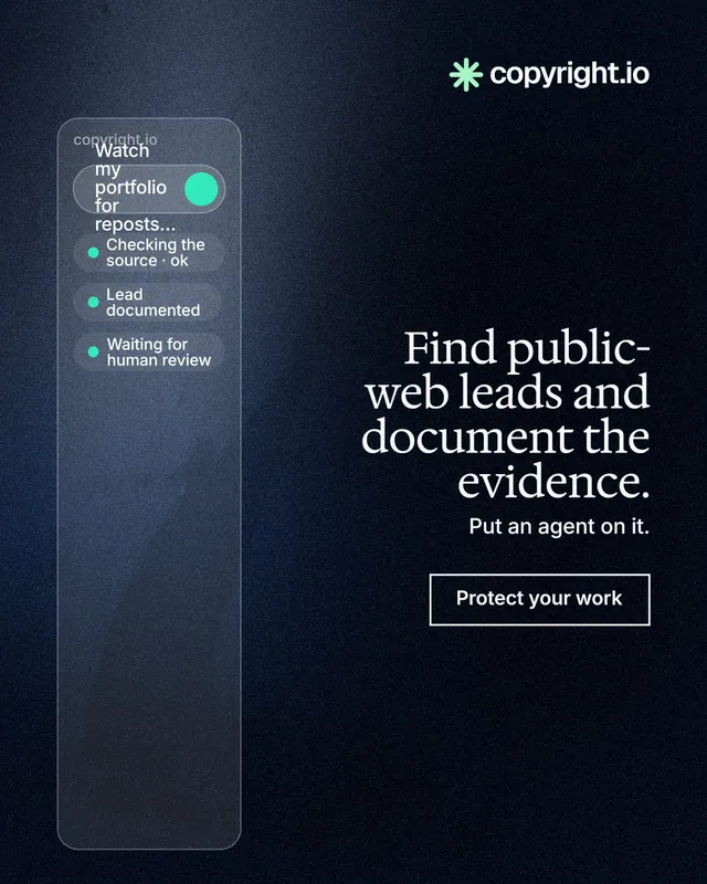 Instagram portrait post for copyright.io: "Find public-web leads and document the evidence." Dark deco style, right layout, dark palette in blue, black, grey.