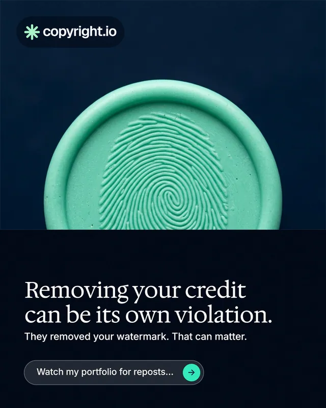 Instagram portrait post for copyright.io: "Removing your credit can be its own violation." Agentic glass style, bottom layout, dark palette in black, teal, blue.