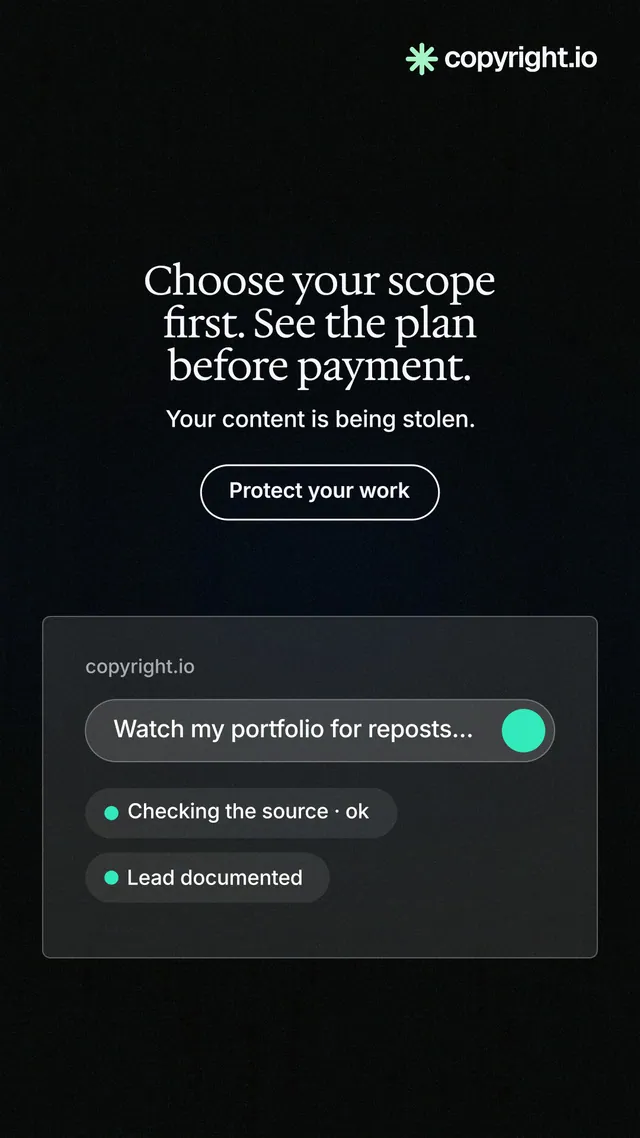 Instagram story for copyright.io: "Choose your scope first. See the plan before payment." Phosphor atlas style, centred layout, dark palette in black, grey.