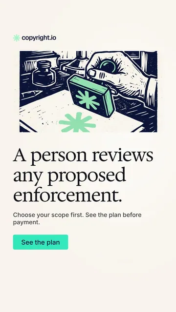 Video for copyright.io: "A person reviews any proposed enforcement.". Doc motion loop, 6.0 s, light palette.