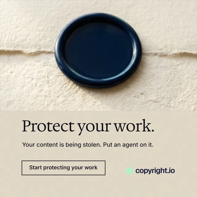 Instagram post for copyright.io: "Protect your work." Editorial style, bottom layout, light palette in orange, grey, yellow.