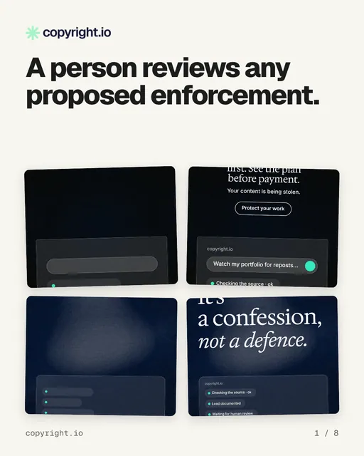 Carousel for copyright.io: "A person reviews any proposed enforcement.". Collection carousel, 8 slides, light palette.