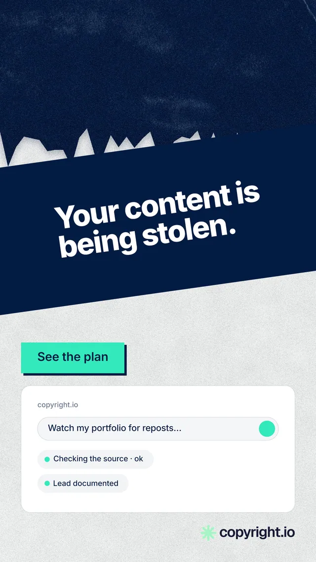 Instagram story for copyright.io: "Your content is being stolen." Paper trio style, diagonal layout, light palette in white, blue, teal.