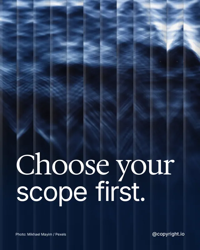 Instagram portrait post for copyright.io: "Choose your scope first." Photo style, technique:fluted glass layout, dark palette in blue, black.